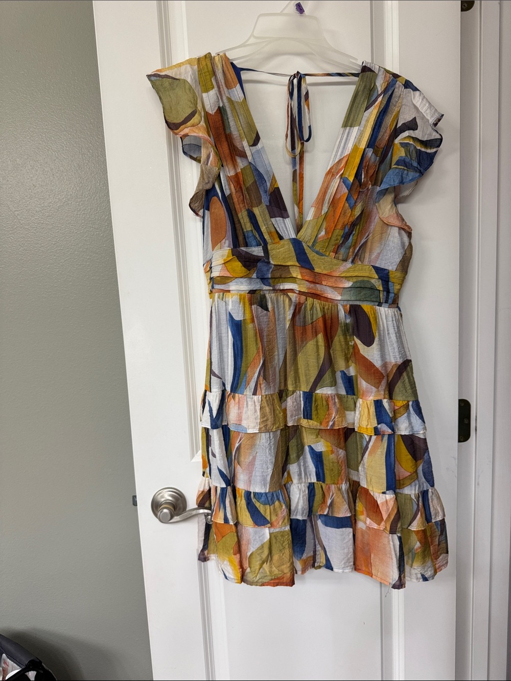 TCEC Multicolor V-Neck Tiered Mini Dress in Blue, Yellow, Green, Orange, Cream